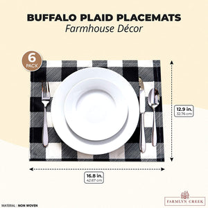 Buffalo Plaid Placemats Set of 6, Farmhouse Décor (Black and Cream)