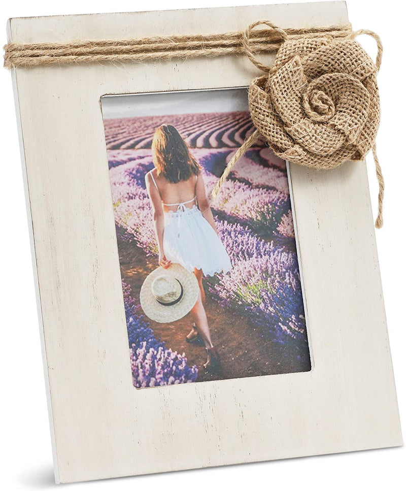 Rustic Wood Picture Frame for 4 x 6 Photo with Burlap Flower (7 x 9 Inches)