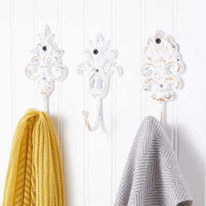 Cast Iron Coat Hooks with Screws, Wall Mounted, Vintage Design (White, 8.3 in, 3 Pack)