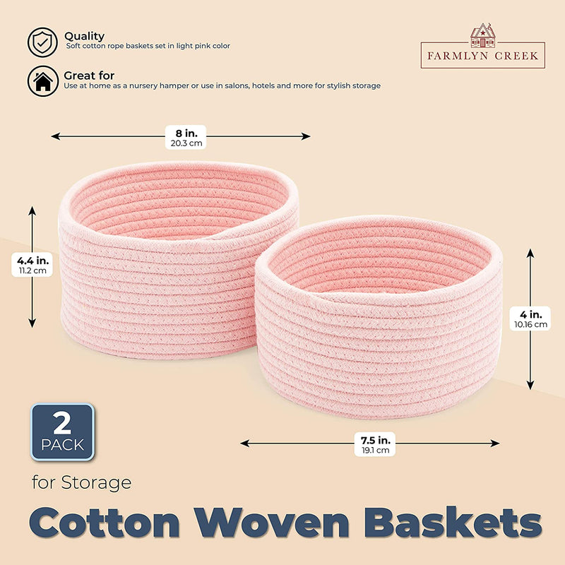 Farmlyn Creek Cotton Woven Baskets for Storage, Pink Organizers (2 Sizes, 2 Pack)