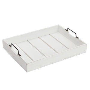 Rustic Wooden Serving Tray with Metal Handles for Coffee Table, Farmhouse Home Decor (White, 16.3 x 11.6 x 3.25 In)