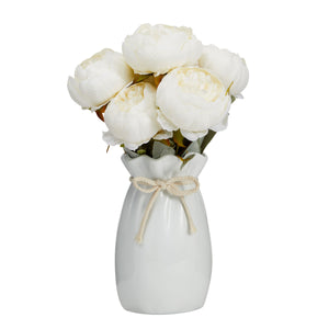 Artificial Farmhouse Flowers with Ceramic Vase, White Peony Bouquet (2 Pieces)