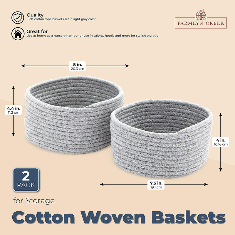 Farmlyn Creek Cotton Woven Baskets for Storage, Grey Organizers (2 Sizes, 2 Pack)