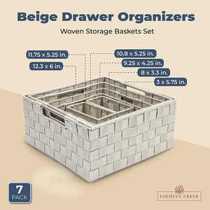 Drawer Organizers, Woven Strap Storage Basket Set, Beige (6 Sizes, 7 Pieces)