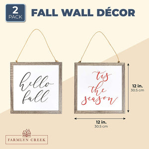 Set of 2 Wooden Christmas Hanging Wall Sign for Xmas Holiday & Fall Decorations, 12 x 12 in.