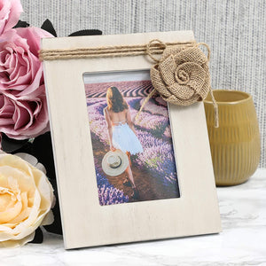 Rustic Wood Picture Frame for 4 x 6 Photo with Burlap Flower (7 x 9 Inches)