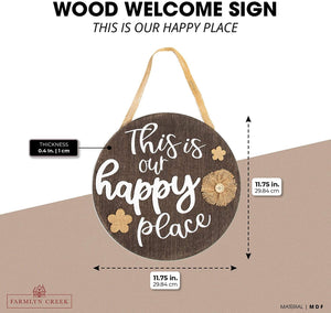 Farmlyn Creek Hanging Wood Sign with Burlap, This is Our Happy Place (11.75 x 11.75 Inches)