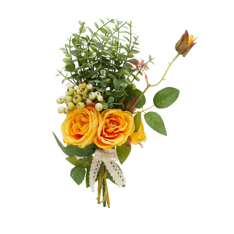 Yellow Silk Roses, Eucalyptus and Berry Bridal Bouquet, Wedding Centerpiece (15.7x7 In)