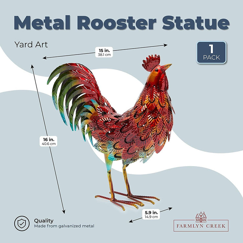 Metal Rooster Decor Yard Art for Garden, Decorative Statue for Indoors, Outdoors, Porch (15 x 16 x 6 In)