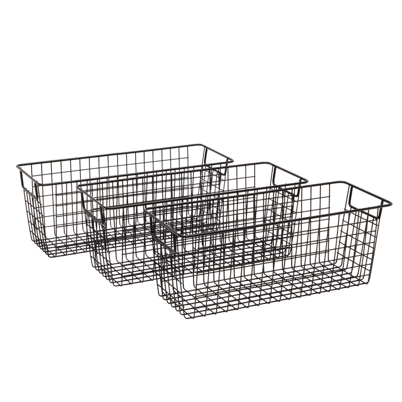 3 Pack Metal Wire Storage Baskets for Shelves, Pantry, Closet, Long Narrow Organizer Bin (Black, 16 x 6 x 6 In)