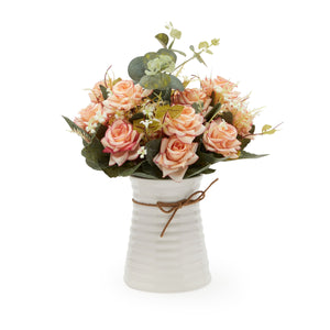 Artificial Flower Arrangements with White Ceramic Vase, Pink Roses and Eucalyptus
