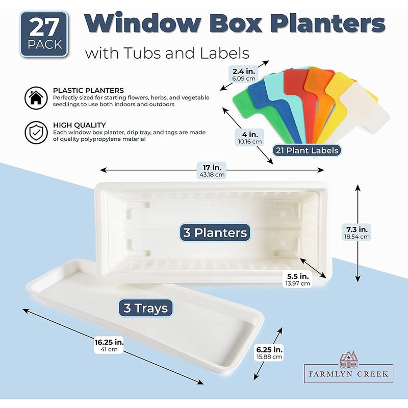 3 White Window Herb & Vegetable Planter Boxes, 3 Trays, 21 Labels (17 in, 27 Pieces)