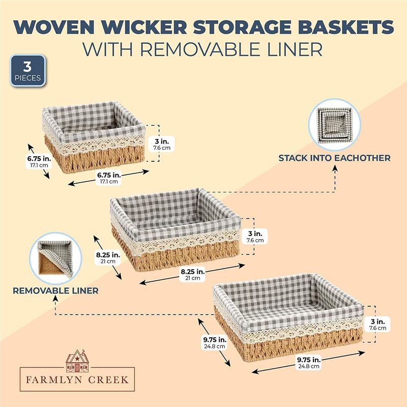 Farmlyn Creek 3-Pack 9 inch Square Wicker Storage Baskets with Liners -  Small Woven Bins for Organiz… in 2023