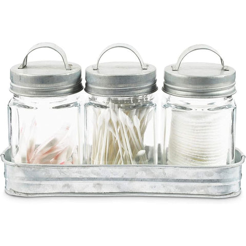 Farmhouse Country Glass Canister Set Galvanized Metal Lids w/ Tray Jars  Storage