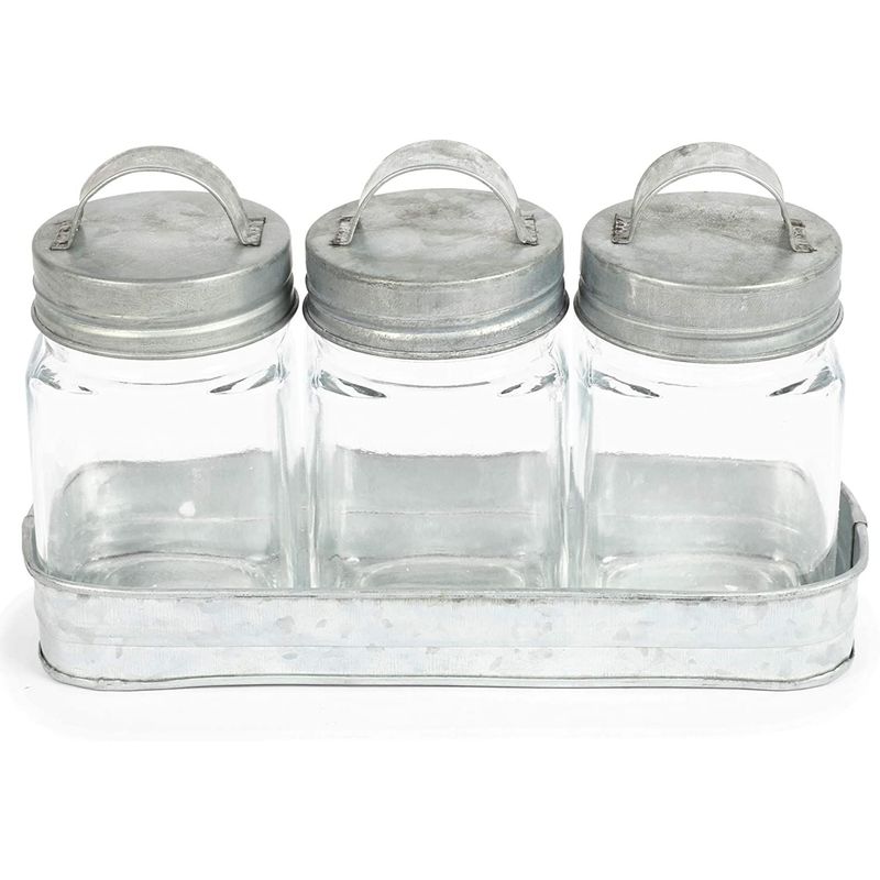 1 Galvanized Metal Tray with 4 Glass Containers for Bathroom and Kitchen (4 Pieces)