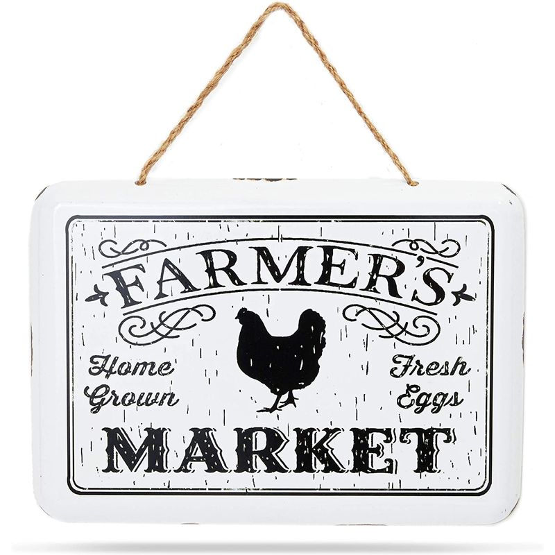 Hanging Metal Sign Farmhouse Decor, Farmer’s Market (10.6 x 5.9 Inches)