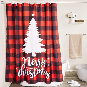 Christmas Buffalo Plaid Shower Curtain Set with 12 Hooks, Holiday Home Decor (70 x 71 in)