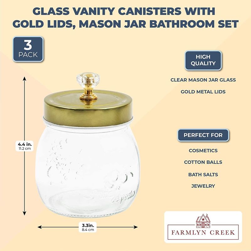 Glass Vanity Canisters with Gold Lids, Mason Jar Bathroom Set (3 Pack)