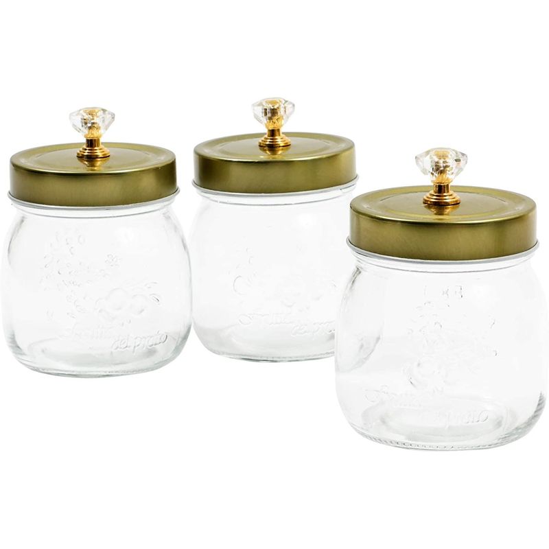 Glass Vanity Canisters with Gold Lids, Mason Jar Bathroom Set (3 Pack)