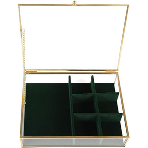 Glass Jewelry Box with Green Velvet Organizer (7.1 x 5.5 x 1.6 In)