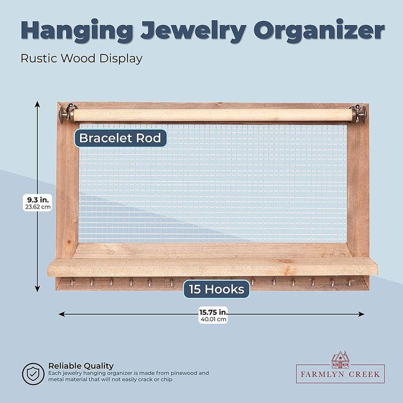 Hanging Jewelry Organizer, Rustic Wood Wall Display (15.75 x 9.3 x 2.75 In)
