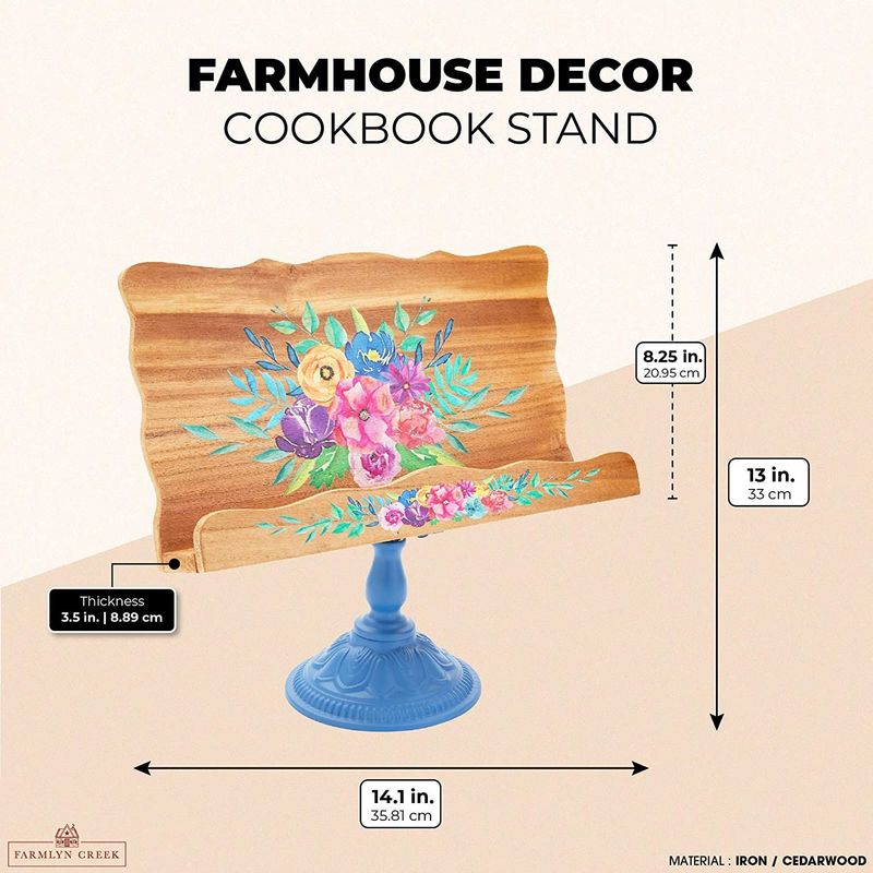 Wood Cookbook and iPad Holder Stand, Blue Metal Base for Kitchen (14.1 x 13 In)
