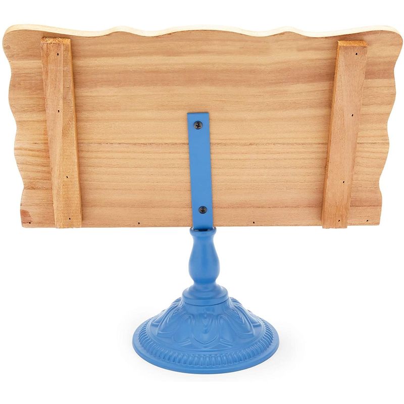 Wood Cookbook and iPad Holder Stand, Blue Metal Base for Kitchen (14.1 x 13 In)