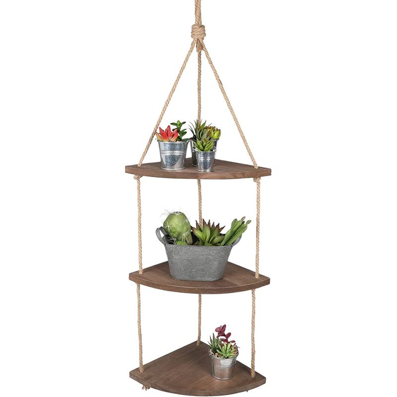 3 Tier Wood Hanging Corner Shelf with Jute Rope (42 Inches)