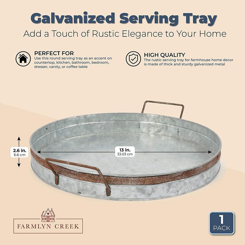 Galvanized Serving Tray with Handles, Farmhouse Home Decor (16 x 13 x 2.6 In)