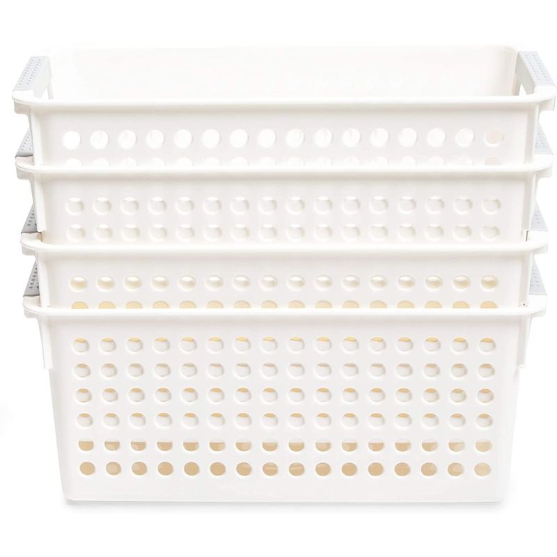 4 Pack White Plastic Baskets with Gray Handles, Narrow Storage