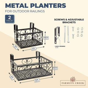 Metal Hanging Planters for Outdoor Deck, Railing, Patio (Black, 2 Sizes, 2 Pack)