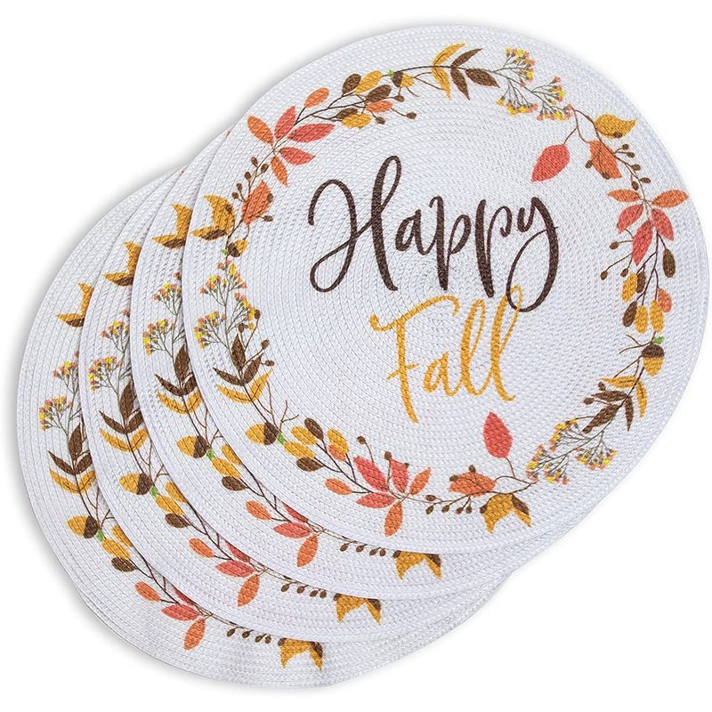 Farmlyn Creek Round Placemat Set, White Woven Happy Fall Dining Mats (15 in, 4 Pack)