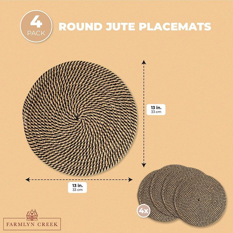 Indoor Outdoor Round Jute Placemats for Dining Table (13 Inches, 4 Pack)