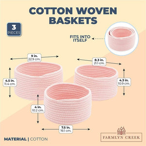 Farmlyn Creek Cotton Woven Baskets for Storage, Pink Organizers (3 Sizes, 3 Pack)