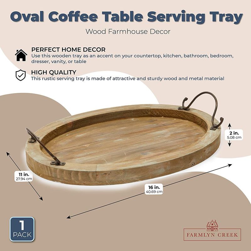 Oval Coffee Table Serving Tray, Wood Farmhouse Decor (16 x 11 x 2