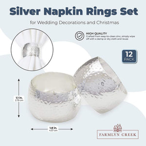 Silver Napkin Rings Set for Wedding Decorations, Christmas (1.8 In, 12 Pack)