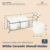 White Ceramic Utensil Holder, Flatware Caddy with Metal Stand (13 x 4 x 5 In)