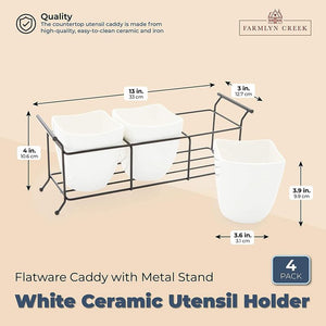 White Ceramic Utensil Holder, Flatware Caddy with Metal Stand (13 x 4 x 5 In)