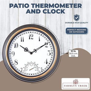 Farmlyn Creek Outdoor Clock and Temperature Gauge Thermometer for Patios, Pools (Black, 12 in)