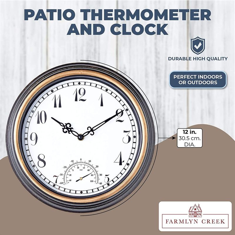 Farmlyn Creek Outdoor Clock and Temperature Gauge Thermometer for Pati