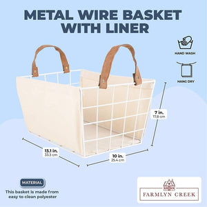 Metal Wire Storage Basket with Liner, Farmhouse Home Storage (13.1 x 9.75 x 7 in)
