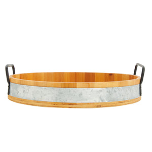 13" Bamboo Round Serving Tray with Handles for Serving, Cheese Board with Galvanized Metal Trim