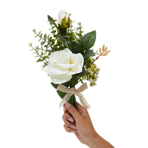 White Rose and Eucalyptus Flower Bouquet, Artificial Floral Arrangement (14 x 7 In)