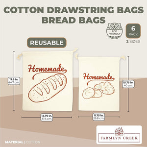 Cotton Bags for Homemade Bread Storage (2 Sizes, 6 Pack)