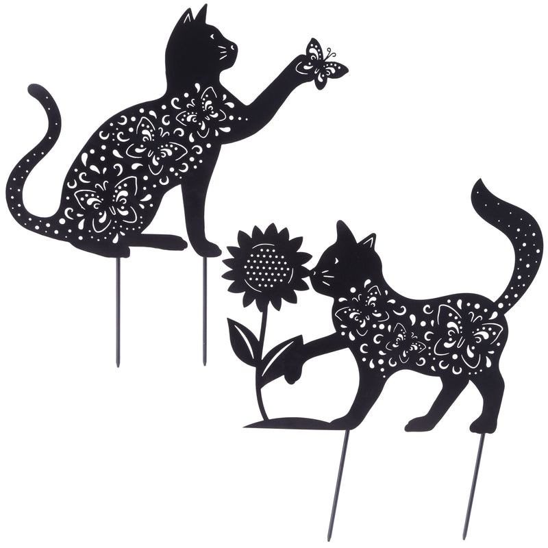 Set of 2 Black Cat Garden Stake Silhouettes for Lawn Decor, Gifts, Decorative Outdoor Metal Animal Statues for Yard