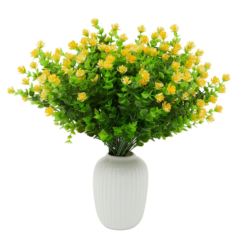 Yellow Artificial Outdoor Flowers with Faux Eucalyptus Leaves for Gardens  (6 x 13.5 Inches, 8 Bundles)