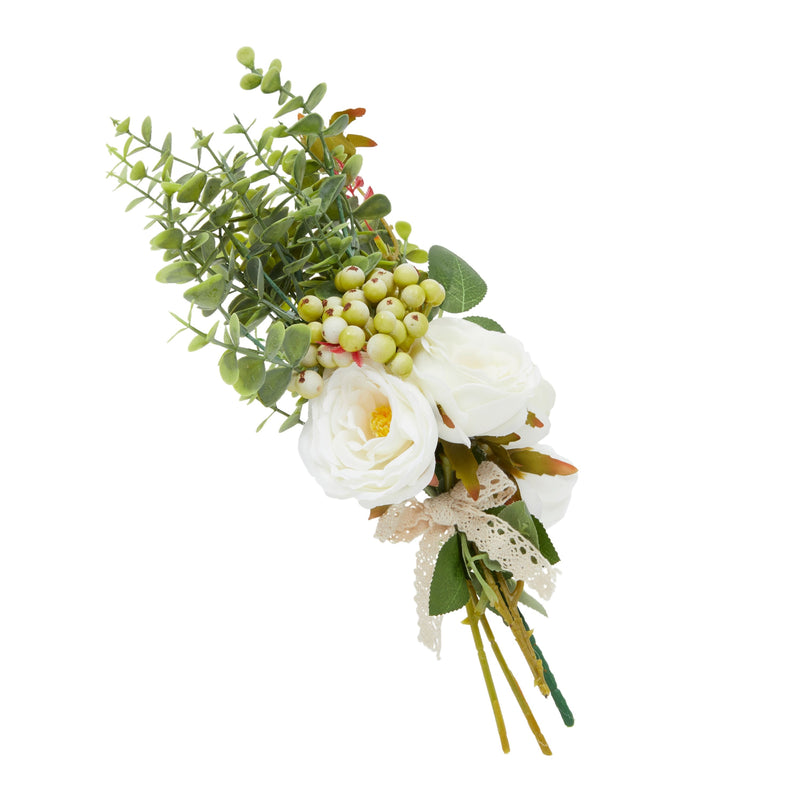 White Silk Roses, Eucalyptus and Berry Bridal Bouquet, Wedding Centerpiece (15.7x7 In)