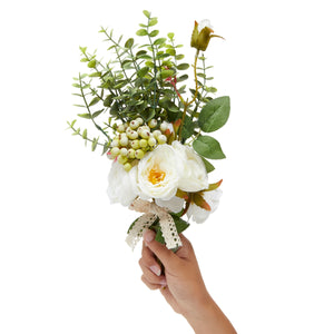 White Silk Roses, Eucalyptus and Berry Bridal Bouquet, Wedding Centerpiece (15.7x7 In)