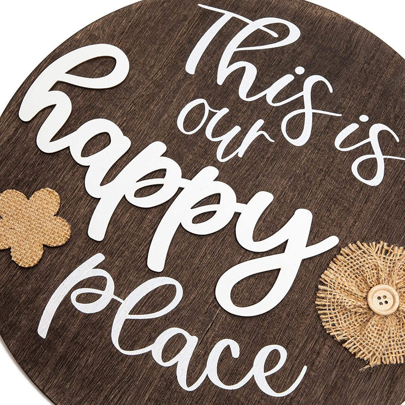 Farmlyn Creek Hanging Wood Sign with Burlap, This is Our Happy Place (11.75 x 11.75 Inches)