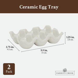 2 Pack Ceramic Half Dozen Egg Tray Holder for Countertop, Refrigerator, Porcelain Egg Carton Holds 6 Chicken Eggs, Hard Boiled Eggs for Easter Egg Painting (White)